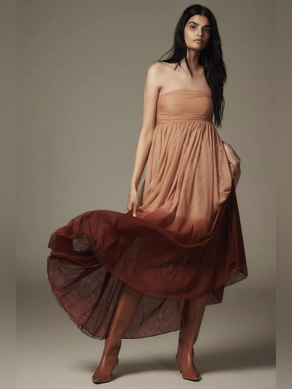 Anthropologie Strapless Ombre Midi Dress in Tan and Rust